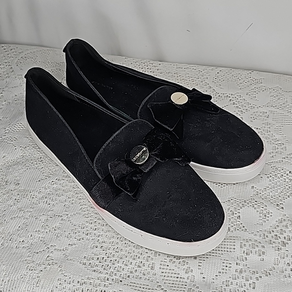 Liz Claiborne Weaver black vegan suede bow slip on penny loafer flats shoes 11